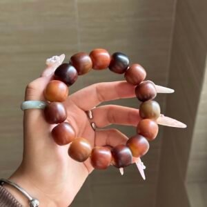 Oversized dark brown 18–19mm barrel-shaped Bodhi bracelet held in one hand.